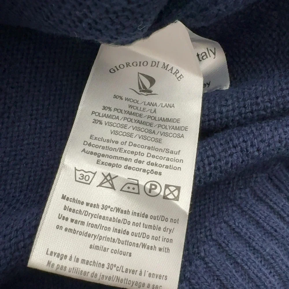 Giorgio Di Mare Sweater Mens XXL Blue Wool Blend Shawl Neck Elbow Patch Yachting